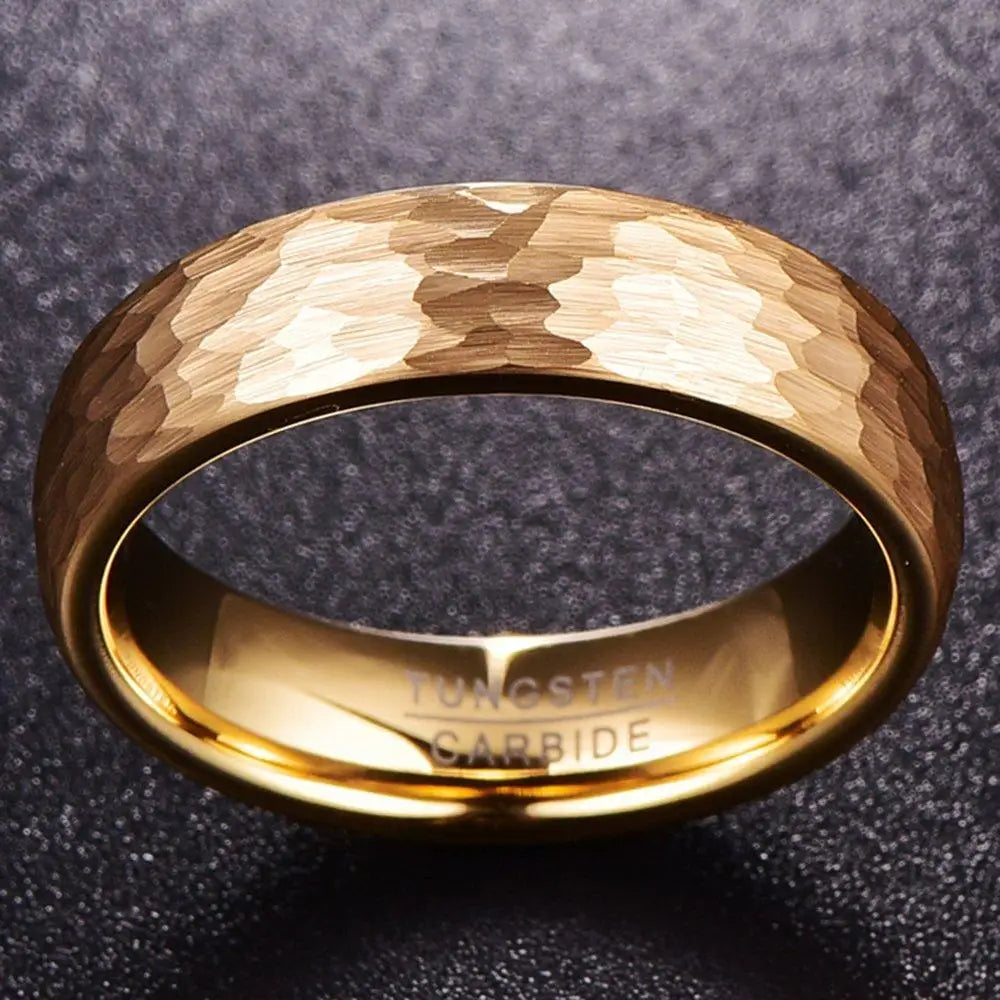 NUNCAD 6mm 4mm 18k Gold Plated Hammered Tungsten Carbide Ring Domed Comfort Fit Engagement Ring Size 5-12 T070R T071R