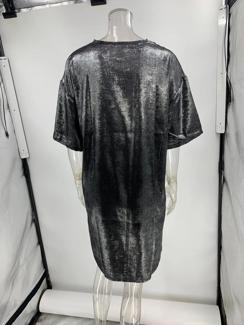 Fashion Sequins Sparkling Mini Dress Women 2023 Summer New Nightclub Net Red Loose Short Sleeve T-shirt Dresses