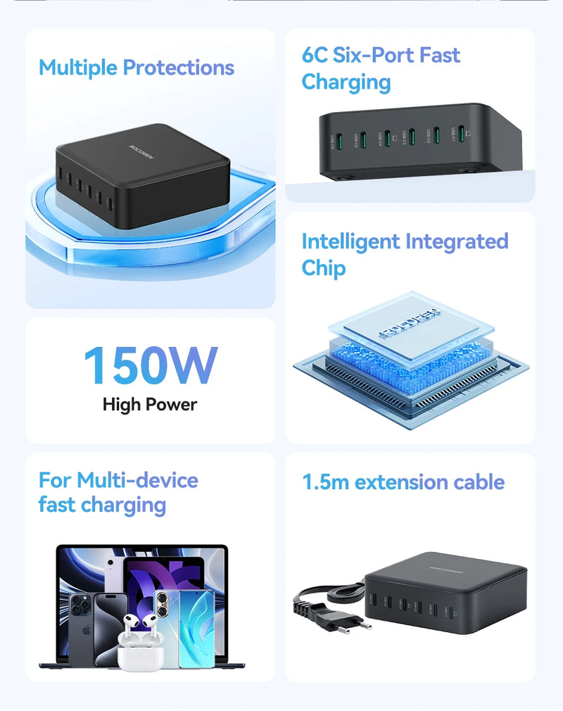 Rocoren 150W 6 in 1 Multi Port USB Type C High Speed Charger Fast Charging Dock Desktop Charger Power Station For iPhone Samsung