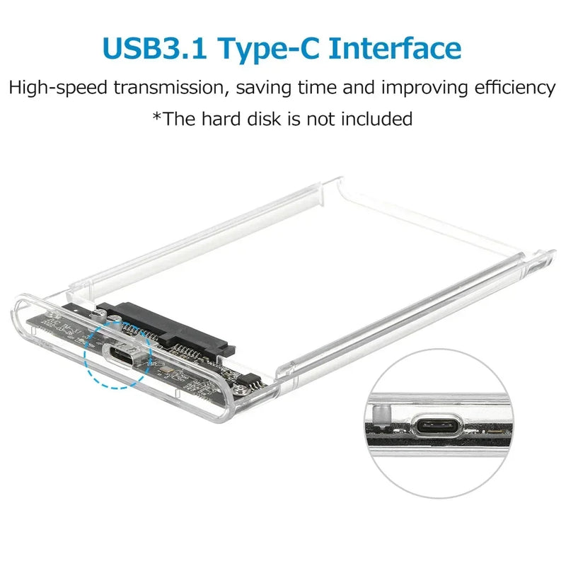 2.5 Inch SATA SSD External Hard Drive Case USB 3.0/Type C HDD Enclosure with 5Gbps Transfer Speed Clear Harddisk Boxs Hdd Case