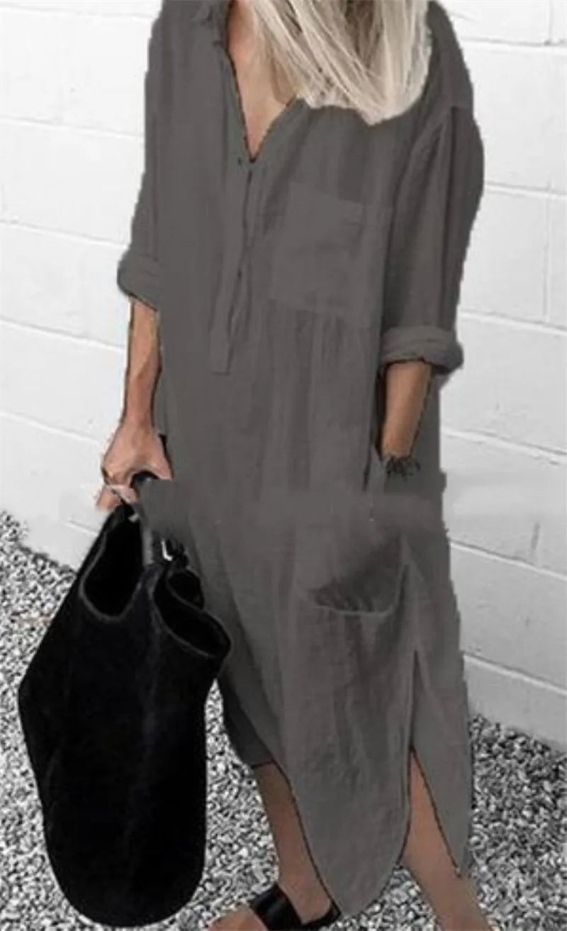 Cotton Linen Maxi Dress for Women 2023 Spring Summer Casual Long Sleeve Shirt Dress Oversized Female Clothing Y2K Vestido Robe