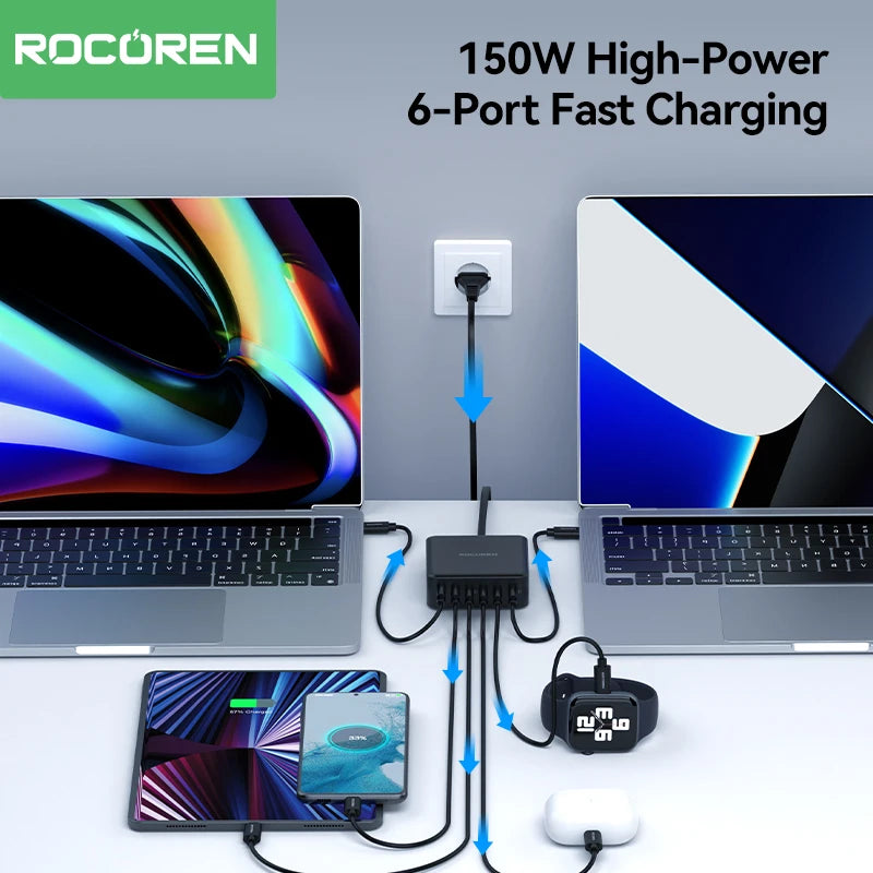 Rocoren 150W 6 in 1 Multi Port USB Type C High Speed Charger Fast Charging Dock Desktop Charger Power Station For iPhone Samsung