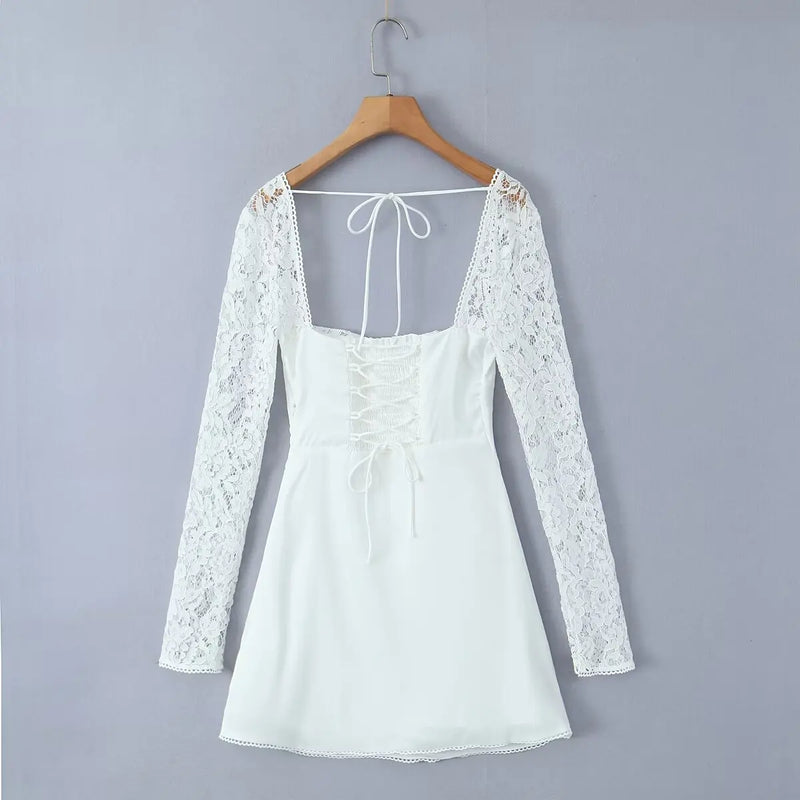 Sexy White Spliced Lace Wire Chest Corset Style Mini Dress Women Full Sleeve Cross Bandage Lacing up Back Bow Party Skater Robe