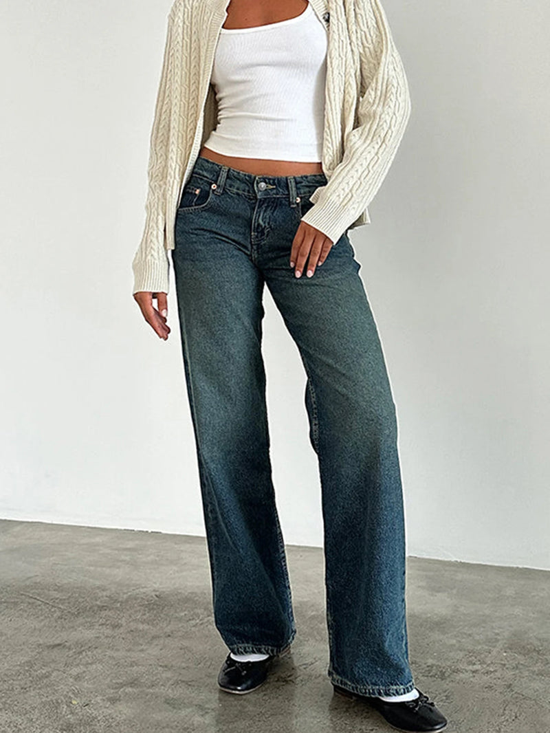 Straight-leg High Waist Jeans Women 2024 New Leg Pockets Pants Y2k Long Denim Trousers Vintage Grey Washed Jeans