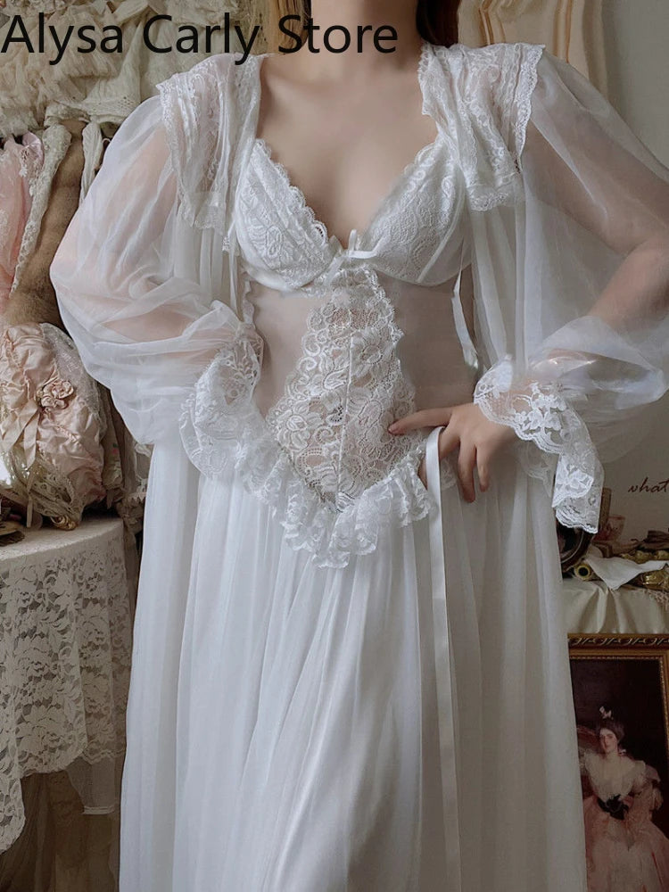 2022 Autumn White Fairy Vintage Sweet Dress Women Mesh Lace Sexy Casual Korean Dress Female Patchwork Designer Princess Dresses