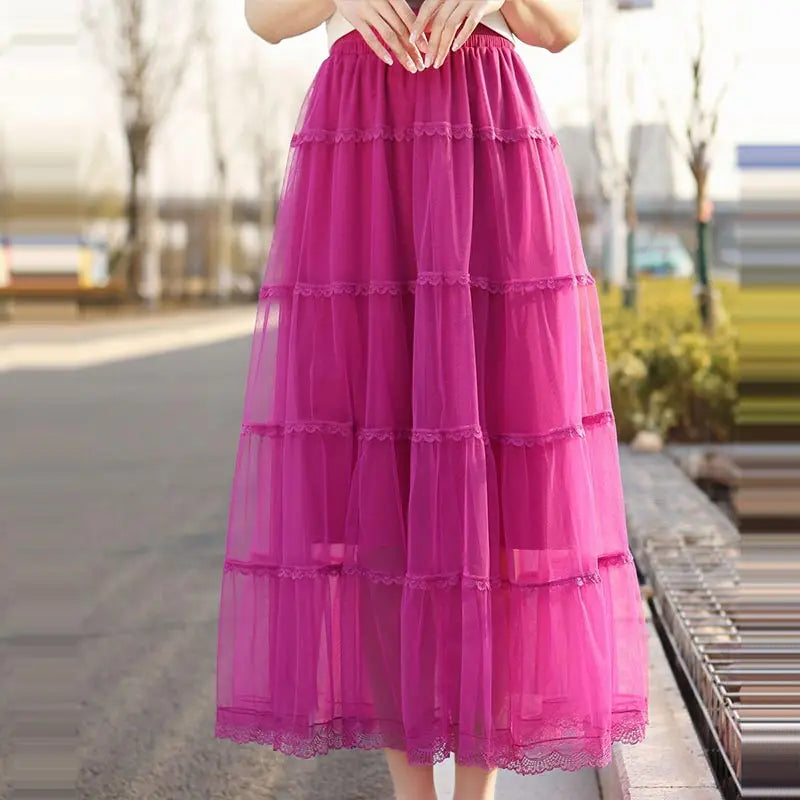 Korean Fluffy Long Tutu Skirt Women Ladies Vintage Elastic High Waisted Tulle Ball Gown Skirts