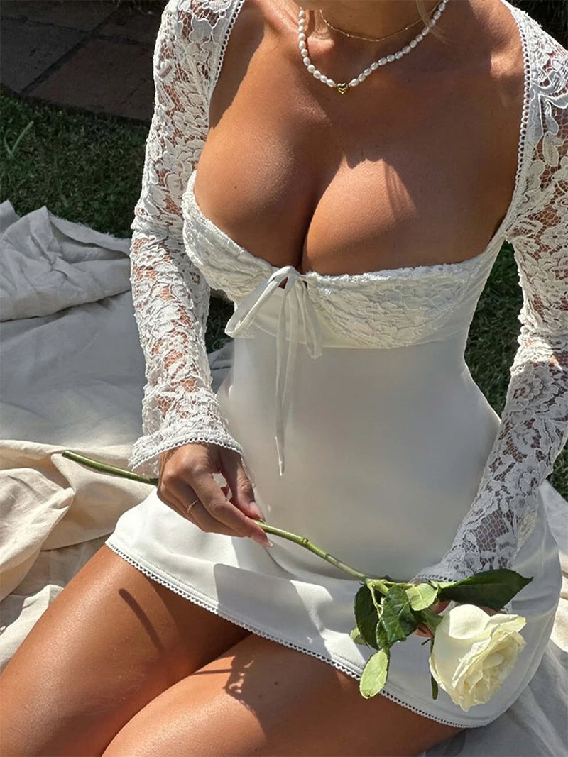 Women Long Sleeve Mini Dress Casual Lace Patchwork Tie up Backless A-Line Party Dress for Cocktail Streetwear