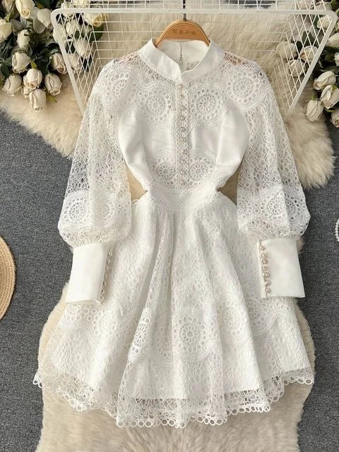 Vintage Flower Embroidery Hollow Out Lace White Dress Women's Stand Collar Long Lantern Sleeve Pearls Buttons Party Vestidos