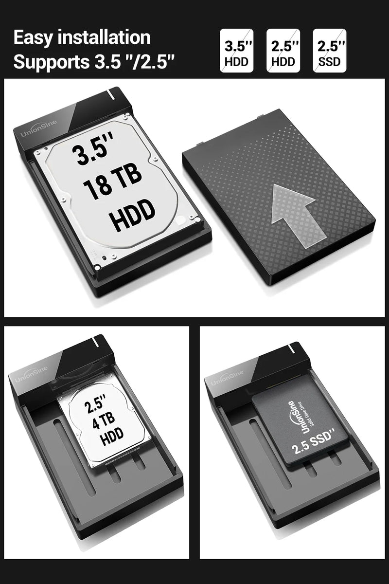 UnionSine 3.5'' HDD Case SATA to USB 3.1 Type C Adapter External Hard Drive Enclosure for 2.5" 3.5" SSD Disk HDD Case for PC