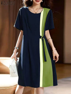 ZANZEA Women Patchwork Long Dress Korean Fashion Belt Waist Vestidos 2024 Summer Elegant Short Sleeve Robe Holiday Loose Dresses