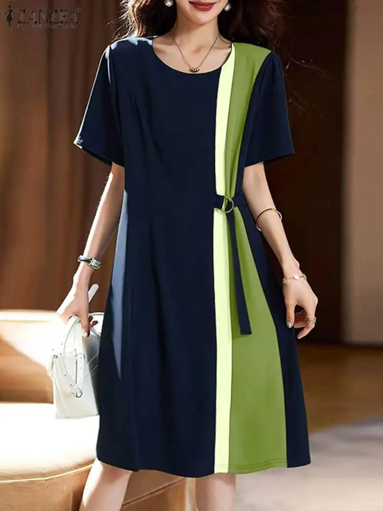 ZANZEA Women Patchwork Long Dress Korean Fashion Belt Waist Vestidos 2024 Summer Elegant Short Sleeve Robe Holiday Loose Dresses