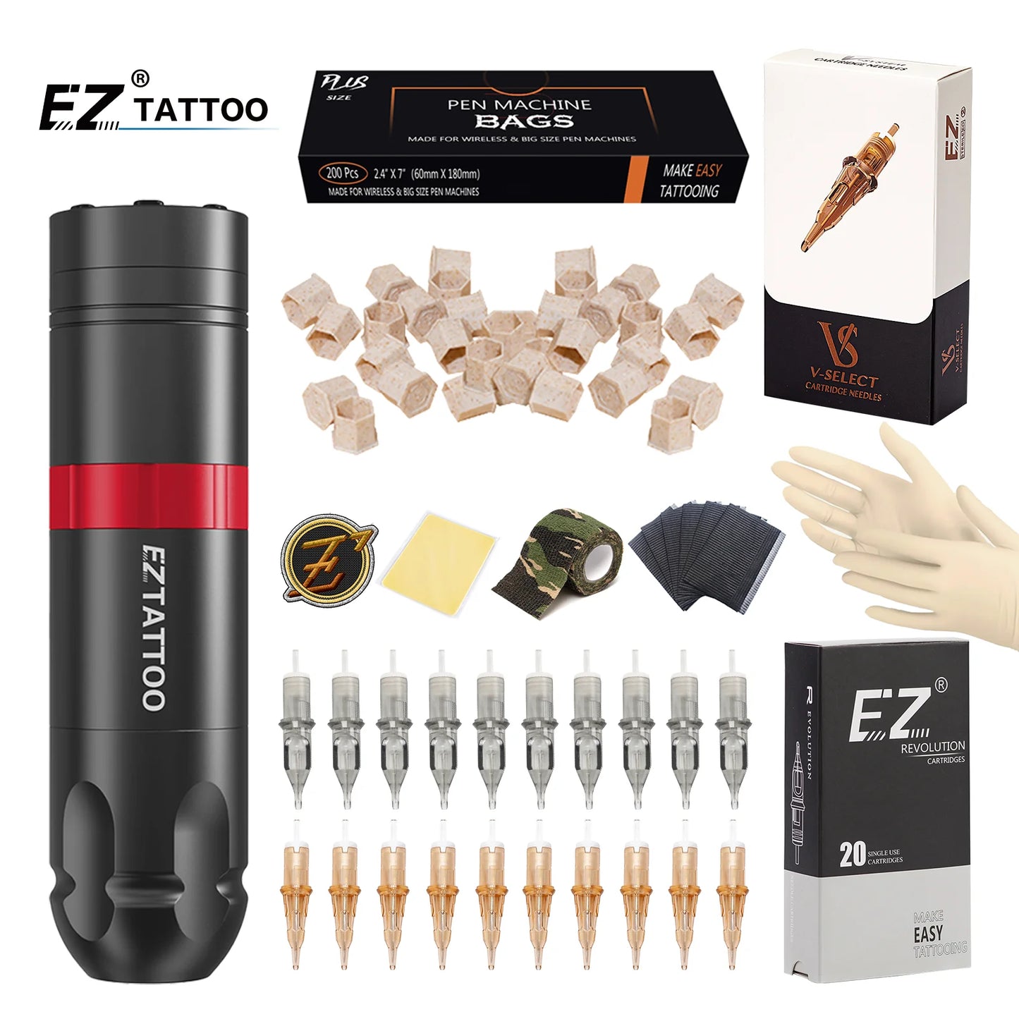 EZ Tattoo Kits Caster Wireless Cartridge Tattoo Machine pen with 40pcs EZ Cartridge Tattoo Needles for Tattoo Permanent Makeup