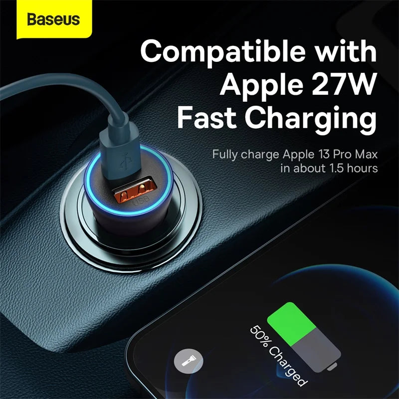 Baseus 60W USB Type C Car Charger Quick Charge QC 4.0 PD 3.0 Fast Charging Car Charger For iPhone 13 12 Pro Max Xiaomi Samsung