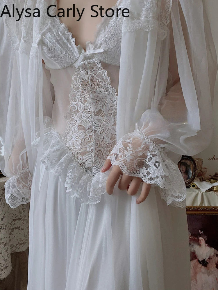 2022 Autumn White Fairy Vintage Sweet Dress Women Mesh Lace Sexy Casual Korean Dress Female Patchwork Designer Princess Dresses