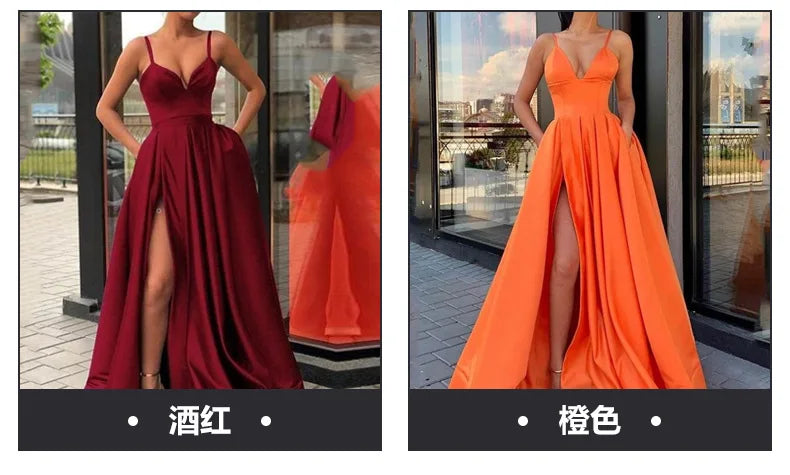 2025 Women's Evening Wedding Party Dress Solid Elegant Side Slit A-Line Satin Sleeveless Straps Banquet Maxi Long Dress Vestidos