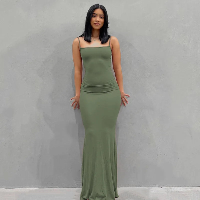 2024 Summer Fishtail Backless Dresses For Women's Sexy Spaghetti Strap Gray Long Dress Y2k Sleeveless Solid Skinny Robe Vestidos