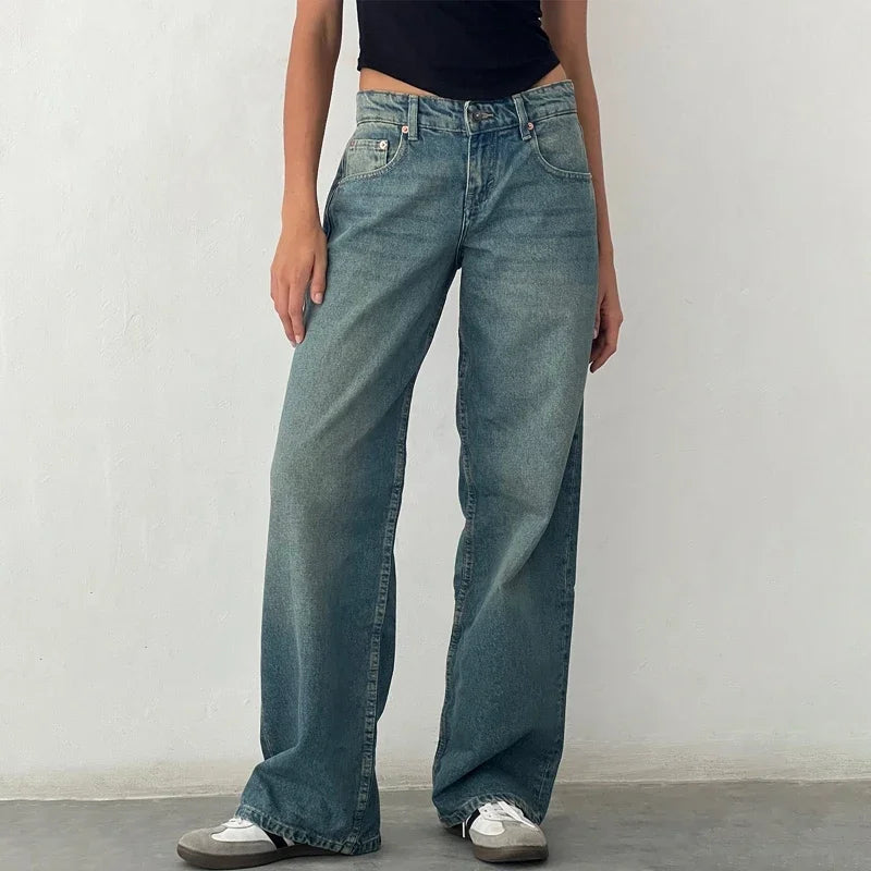 Women Y2K Wide Leg Denim Pants Baggy Low Waist Boyfriend Jeans Casual Vintage Loose Fit Jeans Trousers Cyber Grunge Streetwear