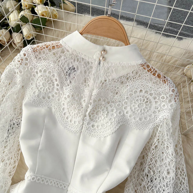 Vintage Flower Embroidery Hollow Out Lace White Dress Women's Stand Collar Long Lantern Sleeve Pearls Buttons Party Vestidos