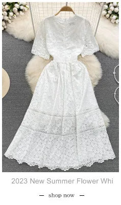 Vintage Flower Embroidery Hollow Out Lace White Dress Women's Stand Collar Long Lantern Sleeve Pearls Buttons Party Vestidos