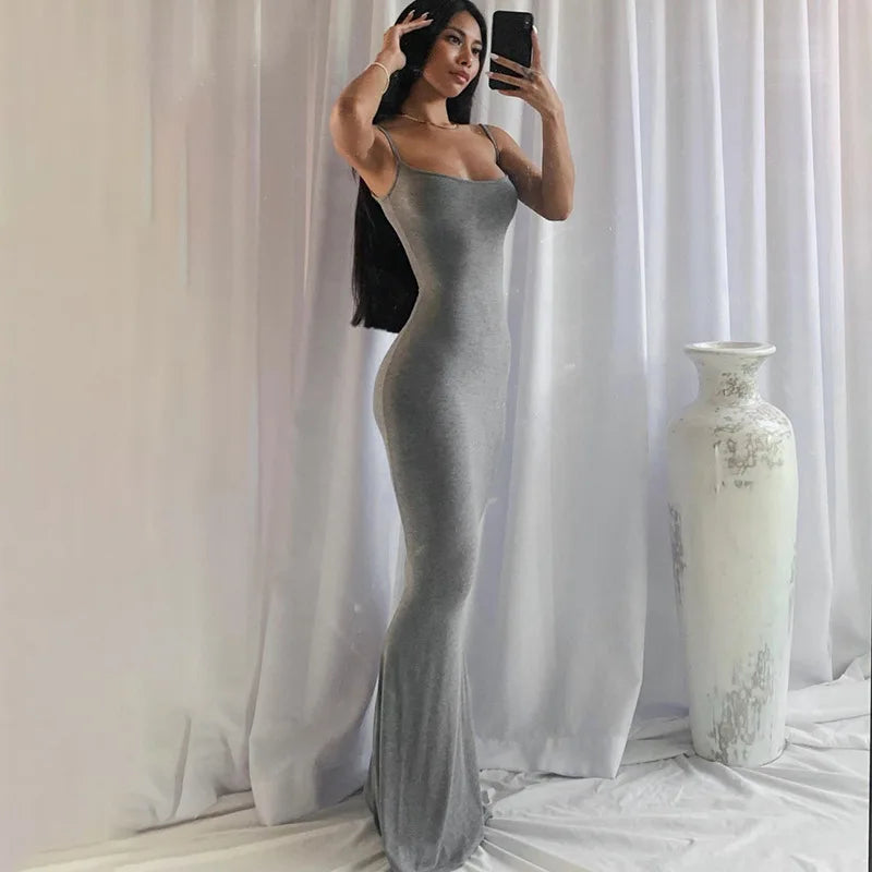 2024 Summer Fishtail Backless Dresses For Women's Sexy Spaghetti Strap Gray Long Dress Y2k Sleeveless Solid Skinny Robe Vestidos