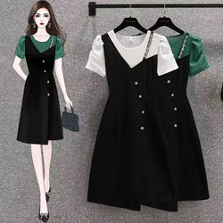 Korean Elegant Summer Dress 2025 New All-match Midi Skirt Women's Fashion Chic Irregular Slim T-Shirt Fake Two Piece Dresses