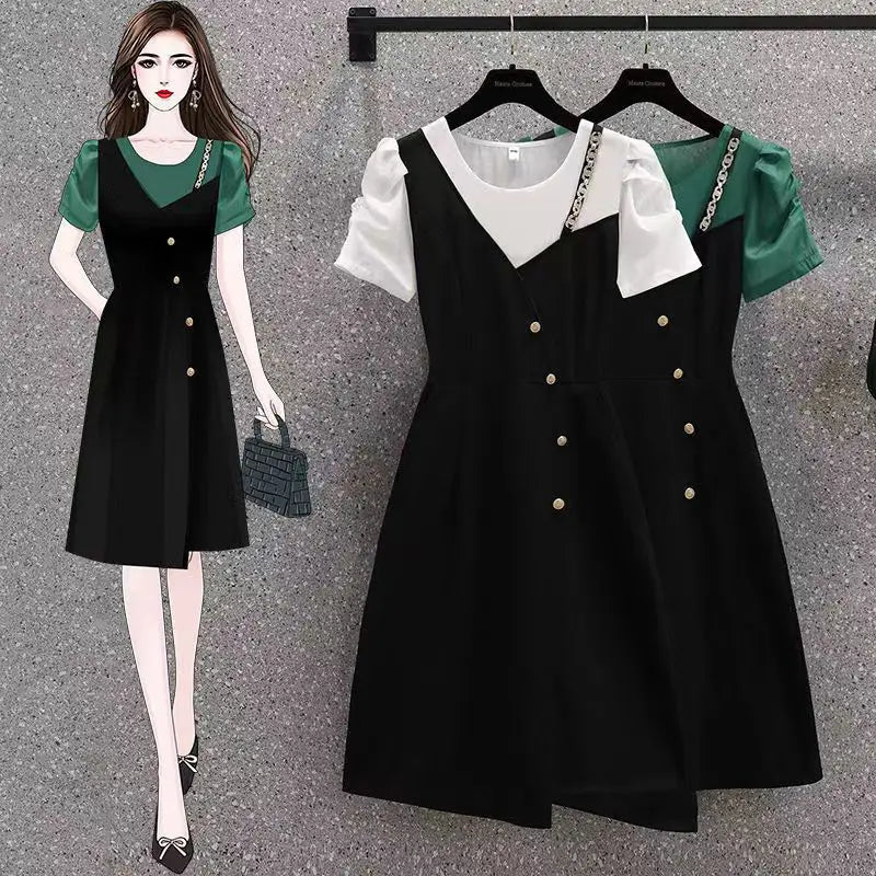 Korean Elegant Summer Dress 2025 New All-match Midi Skirt Women's Fashion Chic Irregular Slim T-Shirt Fake Two Piece Dresses