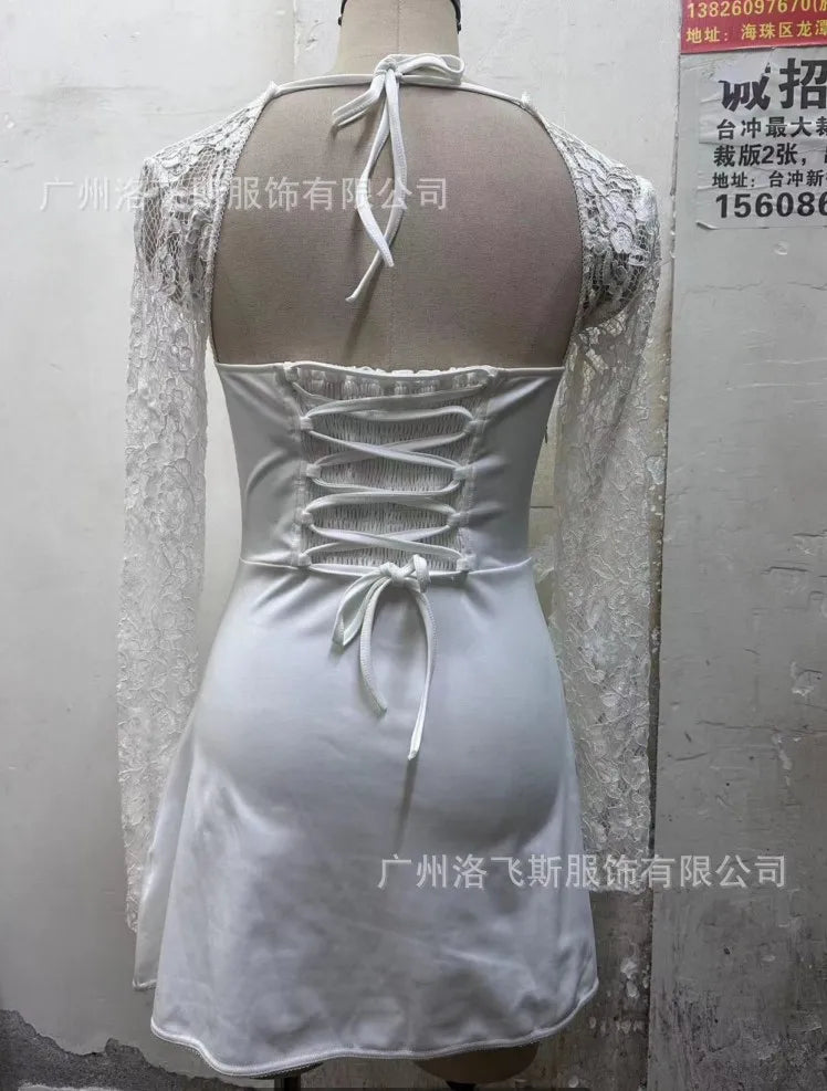 2024 European and American Fashion Women New Sexy Lace Lace Trimmed Slim Fit Backless French Long Sleeved Dress