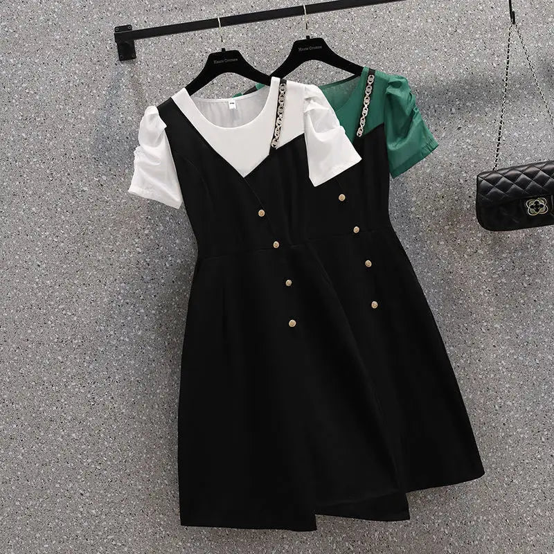 Korean Elegant Summer Dress 2025 New All-match Midi Skirt Women's Fashion Chic Irregular Slim T-Shirt Fake Two Piece Dresses