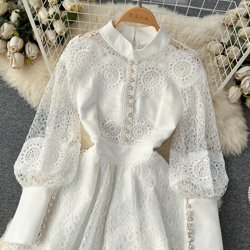 Vintage Flower Embroidery Hollow Out Lace White Dress Women's Stand Collar Long Lantern Sleeve Pearls Buttons Party Vestidos