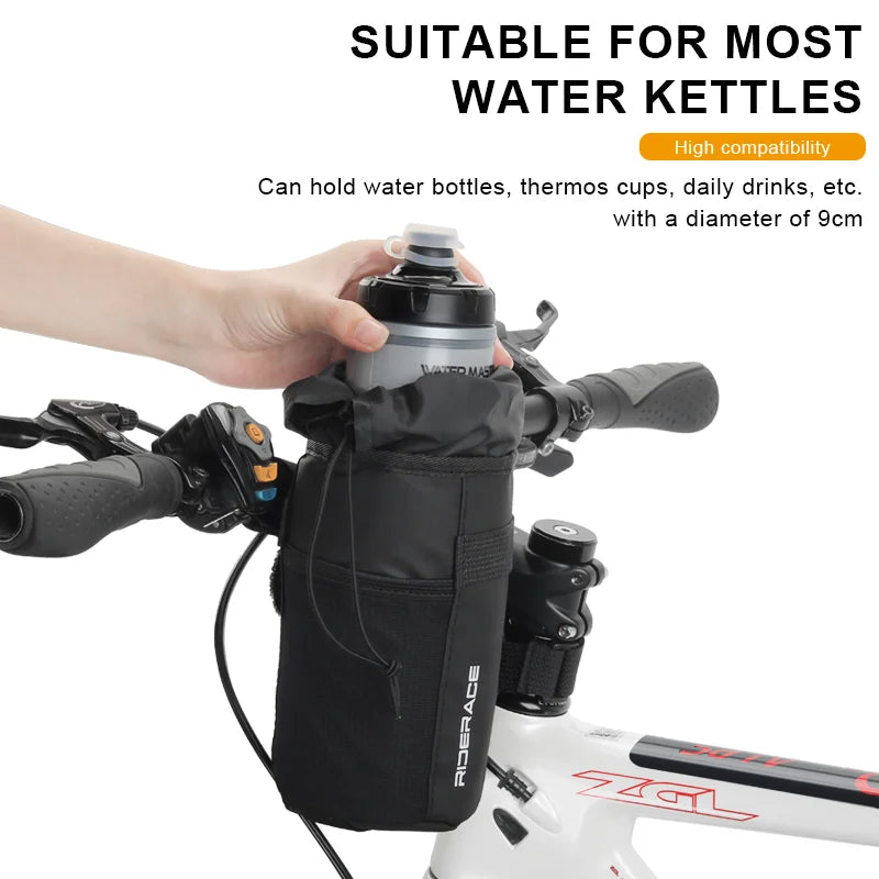 RIDERACE Bicycle Handlebar Bag Bike Water Bottle Carrier Pouch Portable MTB Road Cycling Insulated Kettle Bag Riding Equipment