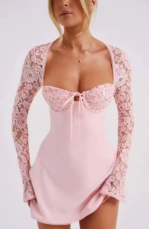 2024 European and American Fashion Women New Sexy Lace Lace Trimmed Slim Fit Backless French Long Sleeved Dress