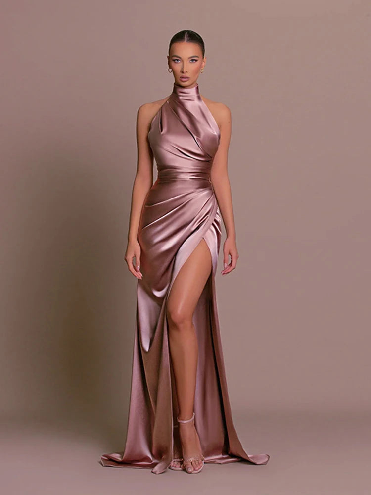 Summer Elegant Party Evening Dress Sexy Women Sleeveless Long Halter Dress Fall Backless High Split Bodycon Maxi Dresses Black