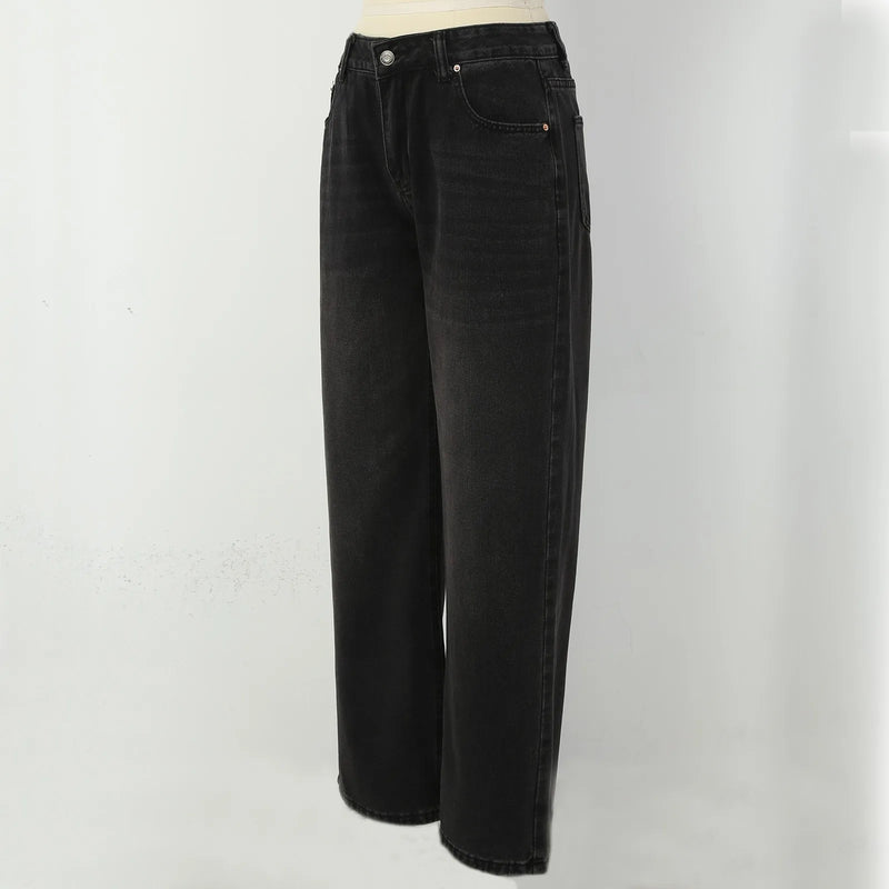 Retro Black Women Jeans Streetwear Straight Denim Pants Vintage Y2k Five Pockets Loose Trousers