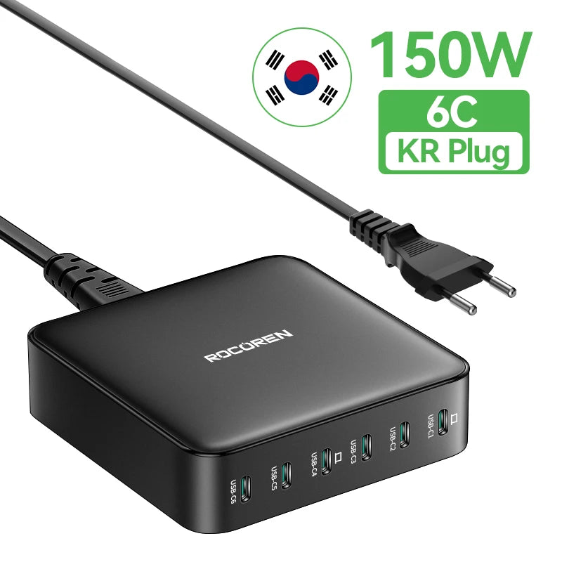 Rocoren 150W 6 in 1 Multi Port USB Type C High Speed Charger Fast Charging Dock Desktop Charger Power Station For iPhone Samsung