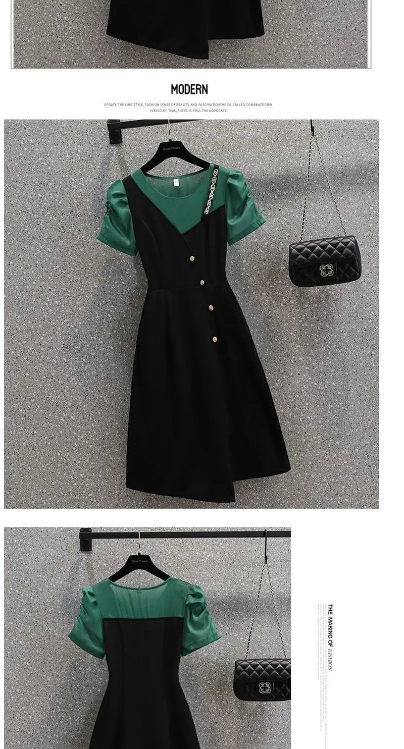 Korean Elegant Summer Dress 2025 New All-match Midi Skirt Women's Fashion Chic Irregular Slim T-Shirt Fake Two Piece Dresses