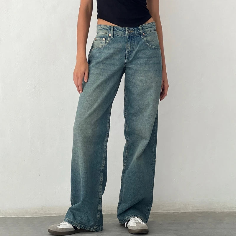 Women Y2K Wide Leg Denim Pants Baggy Low Waist Boyfriend Jeans Casual Vintage Loose Fit Jeans Trousers Cyber Grunge Streetwear