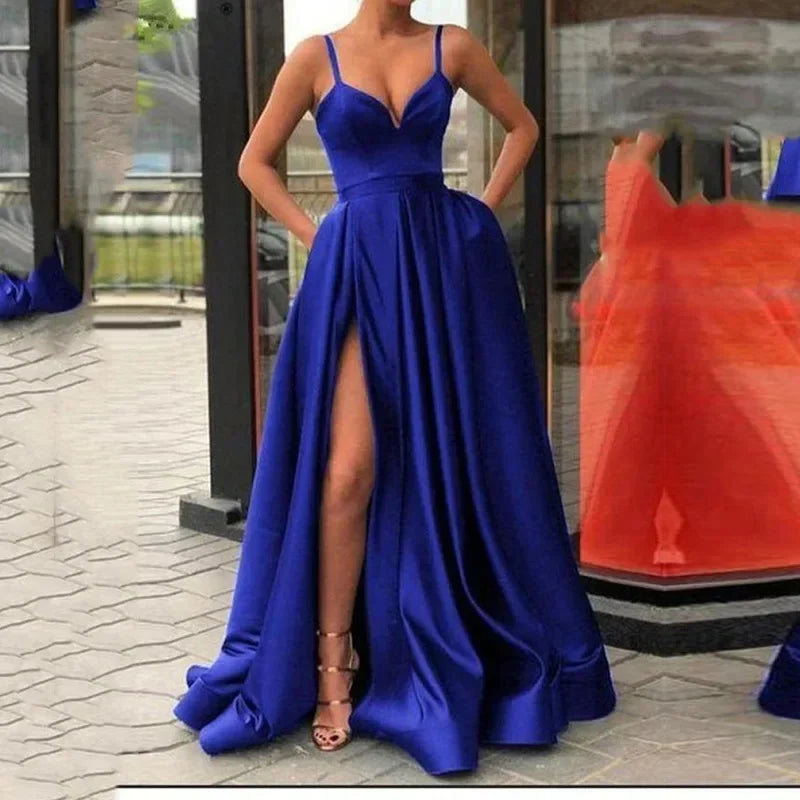 2025 Women's Evening Wedding Party Dress Solid Elegant Side Slit A-Line Satin Sleeveless Straps Banquet Maxi Long Dress Vestidos