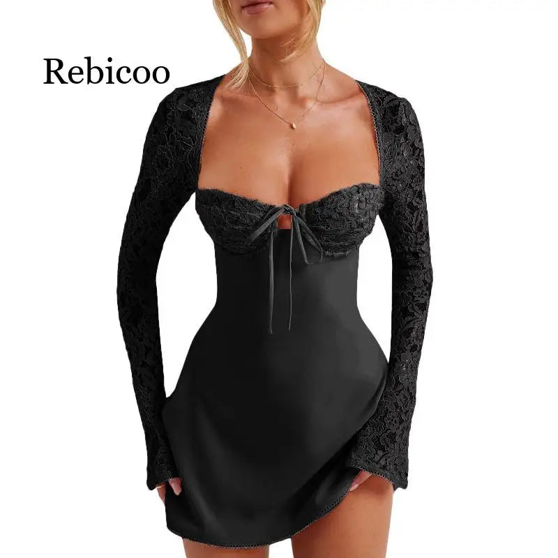 2024 European and American Fashion Women New Sexy Lace Lace Trimmed Slim Fit Backless French Long Sleeved Dress