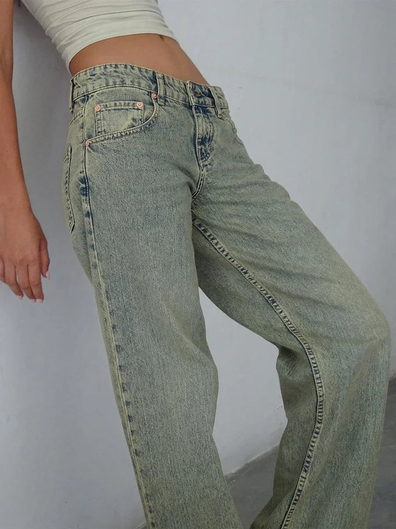 Women Casual Low Rise Jeans Fashion Loose Straight Leg Denim Pants with Pockets for Summer Spring