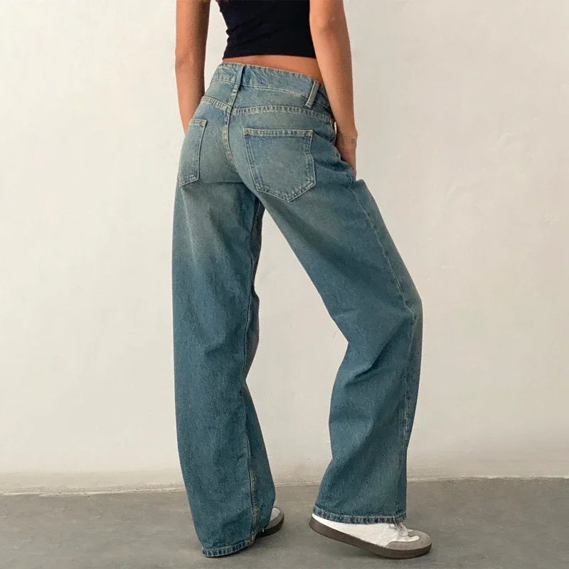 Women Y2K Wide Leg Denim Pants Baggy Low Waist Boyfriend Jeans Casual Vintage Loose Fit Jeans Trousers Cyber Grunge Streetwear