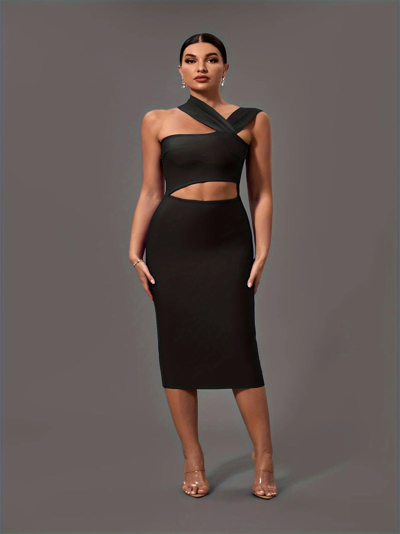 Black Bandage Dress  Women Midi Party Dress Bodycon Elegant  Halter Neck Sexy Cut Out Birthday Evening  Club Outfits Summer