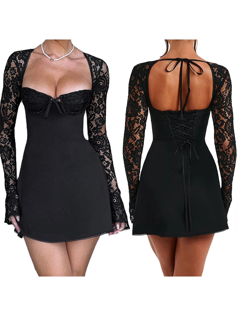 Women Long Sleeve Mini Dress Casual Lace Patchwork Tie up Backless A-Line Party Dress for Cocktail Streetwear