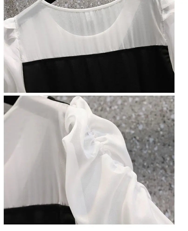Korean Elegant Summer Dress 2025 New All-match Midi Skirt Women's Fashion Chic Irregular Slim T-Shirt Fake Two Piece Dresses