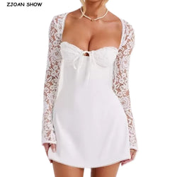 Sexy White Spliced Lace Wire Chest Corset Style Mini Dress Women Full Sleeve Cross Bandage Lacing up Back Bow Party Skater Robe