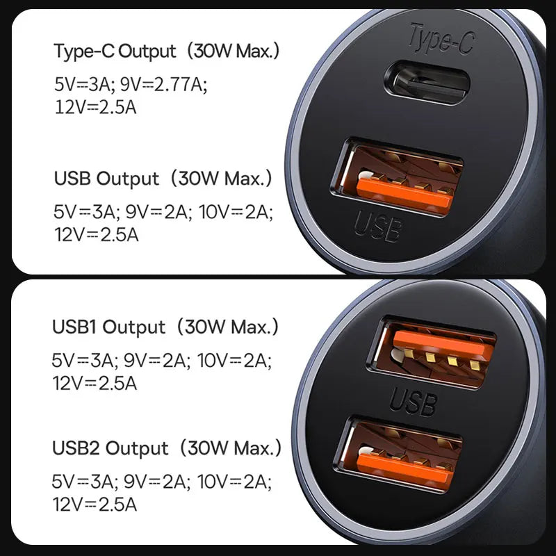 Baseus 60W USB Type C Car Charger Quick Charge QC 4.0 PD 3.0 Fast Charging Car Charger For iPhone 13 12 Pro Max Xiaomi Samsung