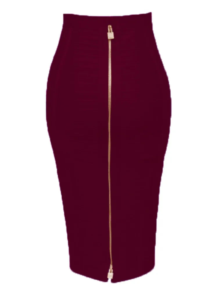 16 Colors Women Sexy Zipper Black Red Pink Bandage Skirt  XL XXL Elastic Bodycon Summer Pencil Skirt 58cm