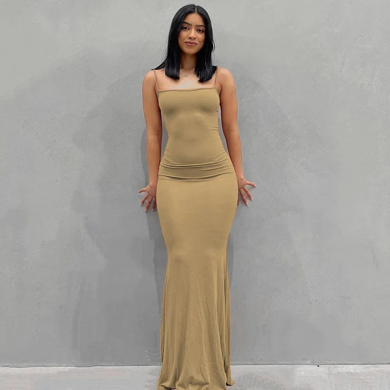 2024 Summer Fishtail Backless Dresses For Women's Sexy Spaghetti Strap Gray Long Dress Y2k Sleeveless Solid Skinny Robe Vestidos