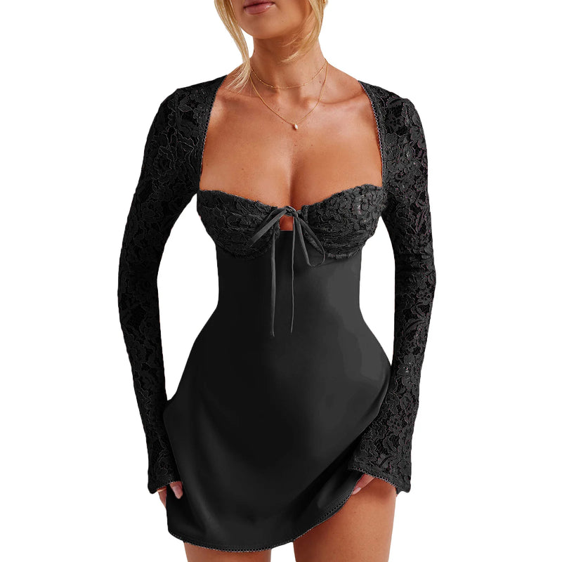 2024 European and American Fashion Women New Sexy Lace Lace Trimmed Slim Fit Backless French Long Sleeved Dress
