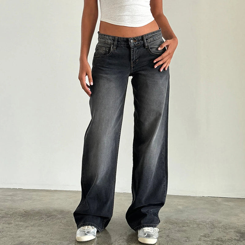 Women Casual Low Rise Jeans Fashion Loose Straight Leg Denim Pants with Pockets for Summer Spring