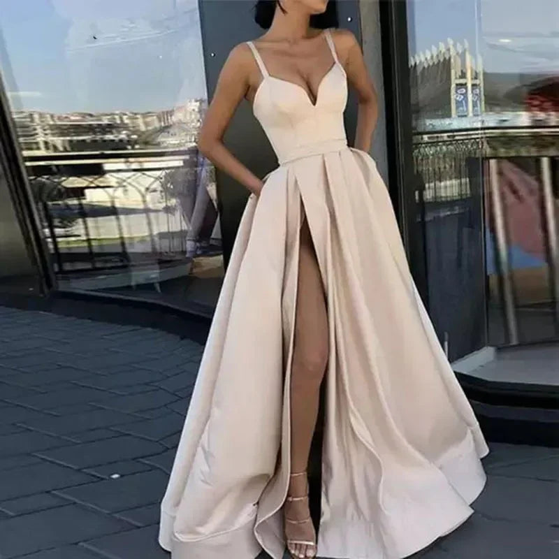 2025 Women's Evening Wedding Party Dress Solid Elegant Side Slit A-Line Satin Sleeveless Straps Banquet Maxi Long Dress Vestidos